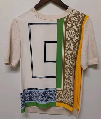 Tory Burch Seidenmischung Grün Gelb Colour Block Pullover Small Petite Top 