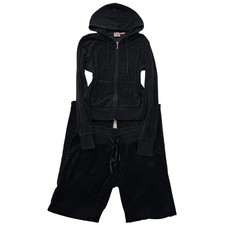 Juicy Couture Black Velour Tracksuit Set Zip Up Hoodie  Flared Pants Y2K Size L