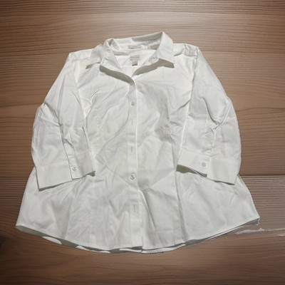 Chico's Women s White Solid Woven Collared Button-Up 3/4 Sleeve No-Iron 1
