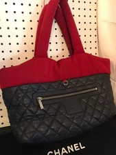 CHANEL Coco Cocoon Reversible Tote Bag Handbag Navy Red Quilting Stitch Used