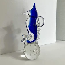 Glass Art Paper Weight Sea Horse - Deep Blue & Bubbles 6.8 x 2 Weight 14.8 oz.