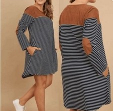 Umgee Navy White Striped Tunic Style Dress Long Sleeve Women's Large.