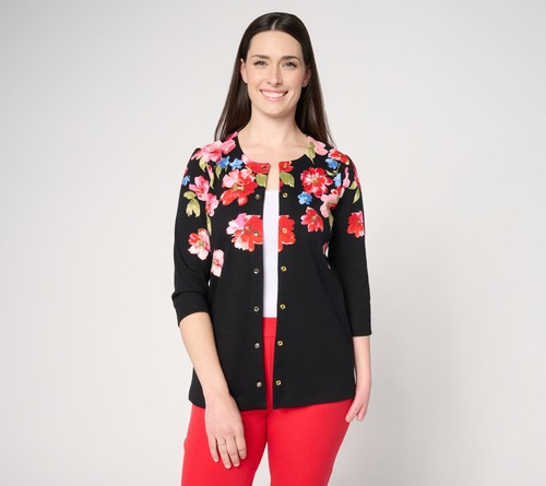 Quacker Factory Floret Printed 3/4 Sleeve Cardigan Black 3X New