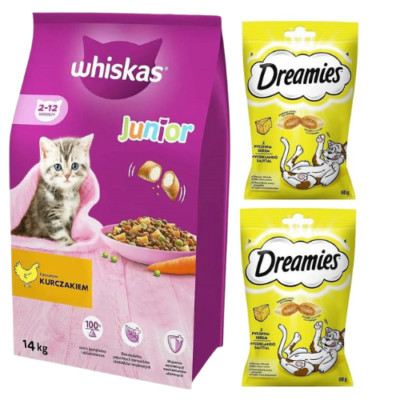 14 kg WHISKAS Junior Trockenfutter mit Huhn für Kätzchen + Dreamies 2x60 g Snack