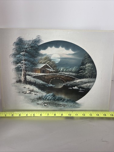 Stein Brücke Gemälde Snowy River Moon Original Acryl Signiert 16x12 Vintage 89 - Bild 12 von 13
