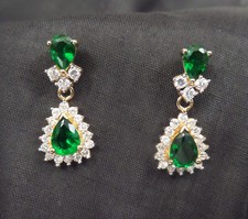 VTG Emerald Jewel Color CZ Dangle Earrings Green  Clear Stones