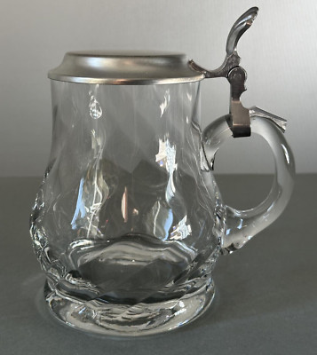 Bierkrug aus Glas mit ERBO Zinn-Deckel Spiralmuster 13 x 11 cm