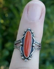 Vintage Bell Trading Post Sterling Silver & Coral Stamp Work Ring - Size 5.75