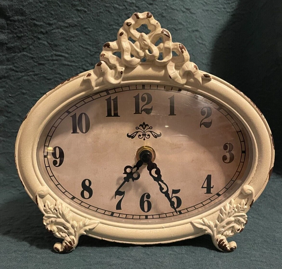 French Country Shabby Chic White Pewter Table Clock Decor - Image 3 of 4