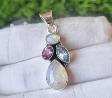 Moonstone & Multi Gemstone 925 Sterling Silver Handmade Pendant Gift Her PG1997