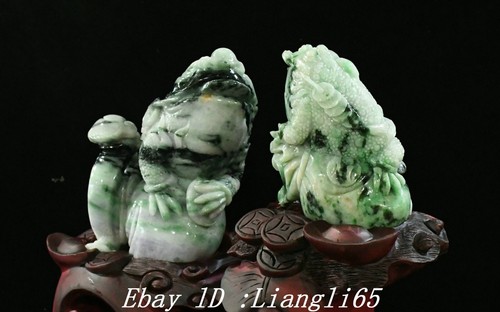 12" 100% Hielo Verde Esmeralda Jadeíta Tallado Sapo Vómitos Dinero Ruyi Estatua - Imagen 9 de 16