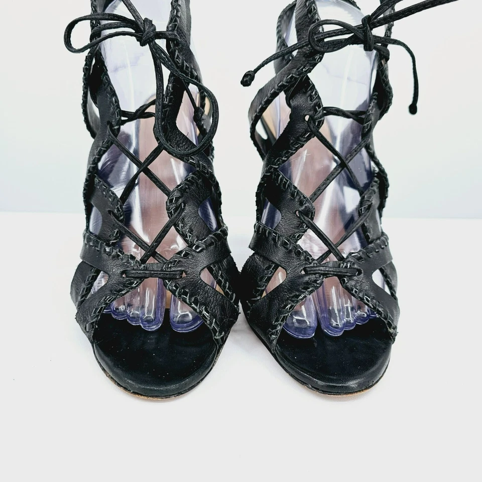 Schutz Lenna Heels 9.5 B Black Leather Strappy Caged Cut Out Lace Up Open Toe - Image 3 of 4