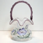 VINTAGE FENTON LAVENDER WHITE SWIRL GLASS BASKET PAINTED PURPLE FLOWERS SIGNED