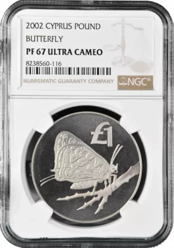 Cyprus 1 pound 2002, NGC PF67 UC, "Butterfly" Cu-Ni coin