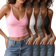 Womens V Neck Spaghetti Strap Crop Tank Tops 4 Pack Cotton Fitted Cami Summer