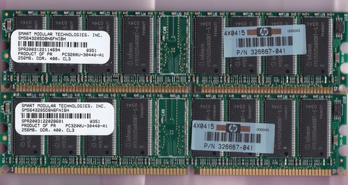 512MB 2x256MB PC-3200 SMART SM5643285D8N6FNIBH HP 326667-041 DDR-400 Kit DDR1