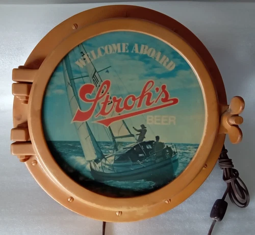 Vintage Stroh's Beer Lighted Sign. "Welcome Aboard". Porthole Wall. Works Well.