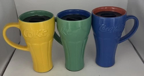 Vintage Set of 3 Coca Cola/ Coke Coffee Mug With Slip Resistant Bottom & Lids
