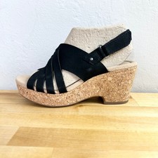 Clarks Wedges Giselle Black Suede Strappy Cork Platform Sandals Size 6.5