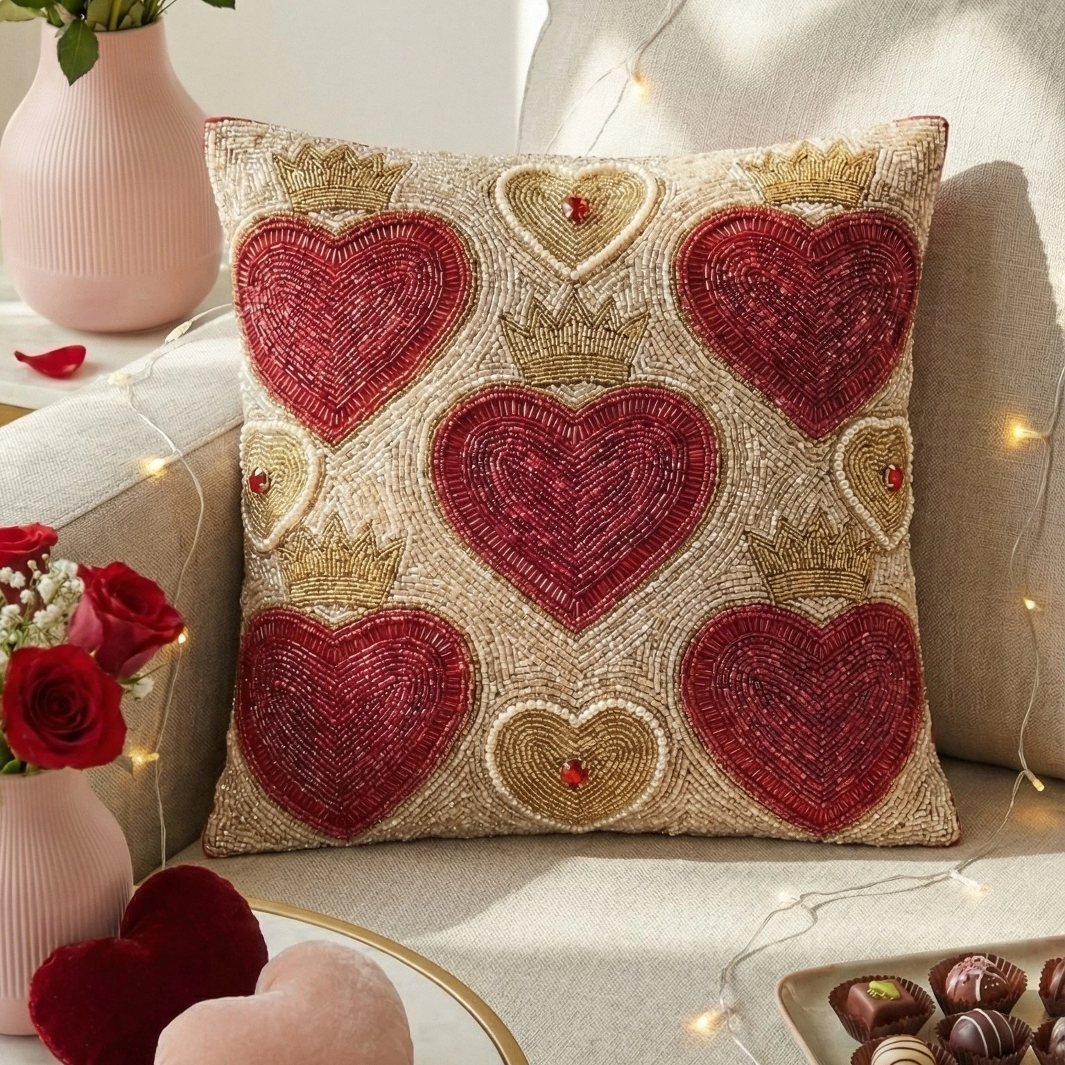 Title: Beaded Heart Crown Throw Pillow Cover - Luxury Valentine's Day Decor
Opens in a new window or