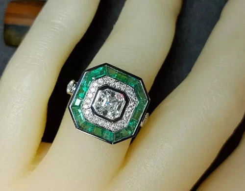 Art Deco Style 1.50 Ct Asscher Lab-Created Diamond Emerald Halo 925 Silver Ring - Picture 1 of 7