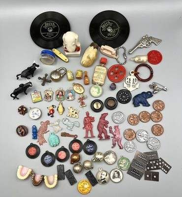 Large Lot Vintage Cracker Jack Gumball Toy Prize Charm Dentures Padlock Records