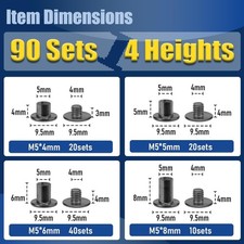 90 Sets Chicago Screws Leather Rivets Kit M5 4 5 6 8mm Gunmetal Black DIY Bindin