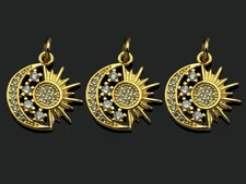 CZ Micro Pave Daint Sun Star On Cresent Moon Charms, Dainty Charms, Gold