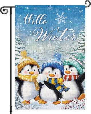 Hello Winter Penguins Garden Flag 12X18 Inch Double Sided Winter Snowflakes Pine