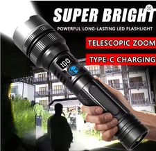 Powerful LED Flashlight with Zoom & Digital Display USB-C Rechargeable Torch