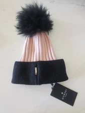 GORSKI Two-Tone Knit Hat with Toscana Shearling Lamb Pompom Beanie OS (NewWTags)