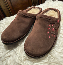 UGG Girls Brown Suede Sheepskin Lined Floral Embroidered Slip-On Slippers 1