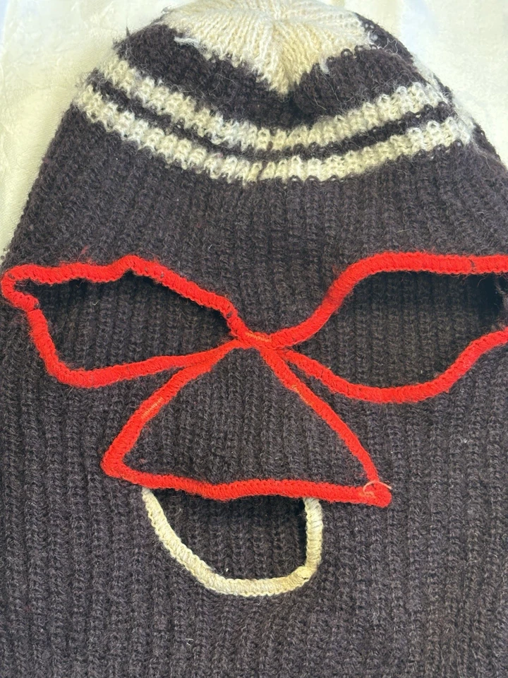 Máscara de ladrón vintage tejida esquí años 70 cara completa 3 agujeros marrón/blanco con contornos rojos Foto 2 de 4