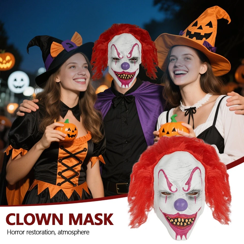 Horror Clown Maske mit Rot Haar für Karneval oder Halloween, Zubehör für Kostüme - Bild 3 von 4