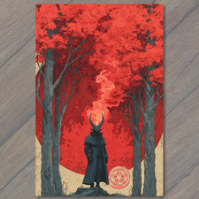POSTCARD Horned Devil Red Moon Forest Flames Pentagram Dark Fantasy Woods
