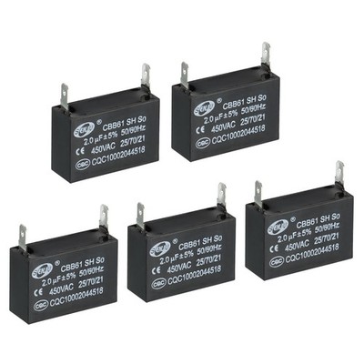 5Pcs CBB61 Ceiling Fan Capacitor 2uF 450V AC 50/60HZ with 2pins 37x26x24mm