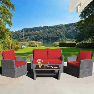 4PCS Patio Rattan Conversation Set Outdoor Furniture Set w/ Red Cushions
