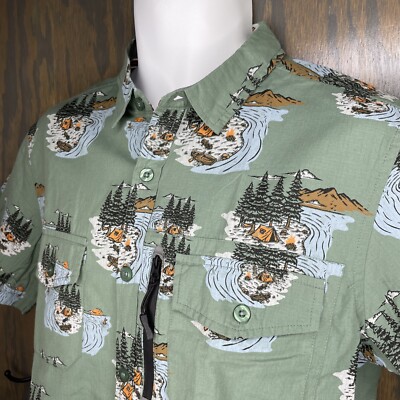 PRNTD Size M Great  Outdoors Camp Shirt Green Tent Lake 3 Front Pockets NWT