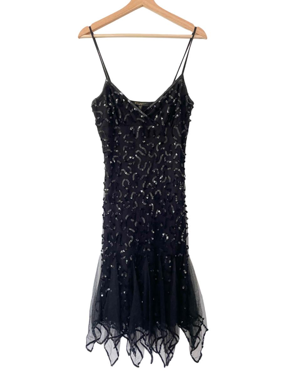 BETSEY JOHNSON Black Sequin Mesh Flutter Spaghetti Strap Midi Evening Dress  8 | eBay