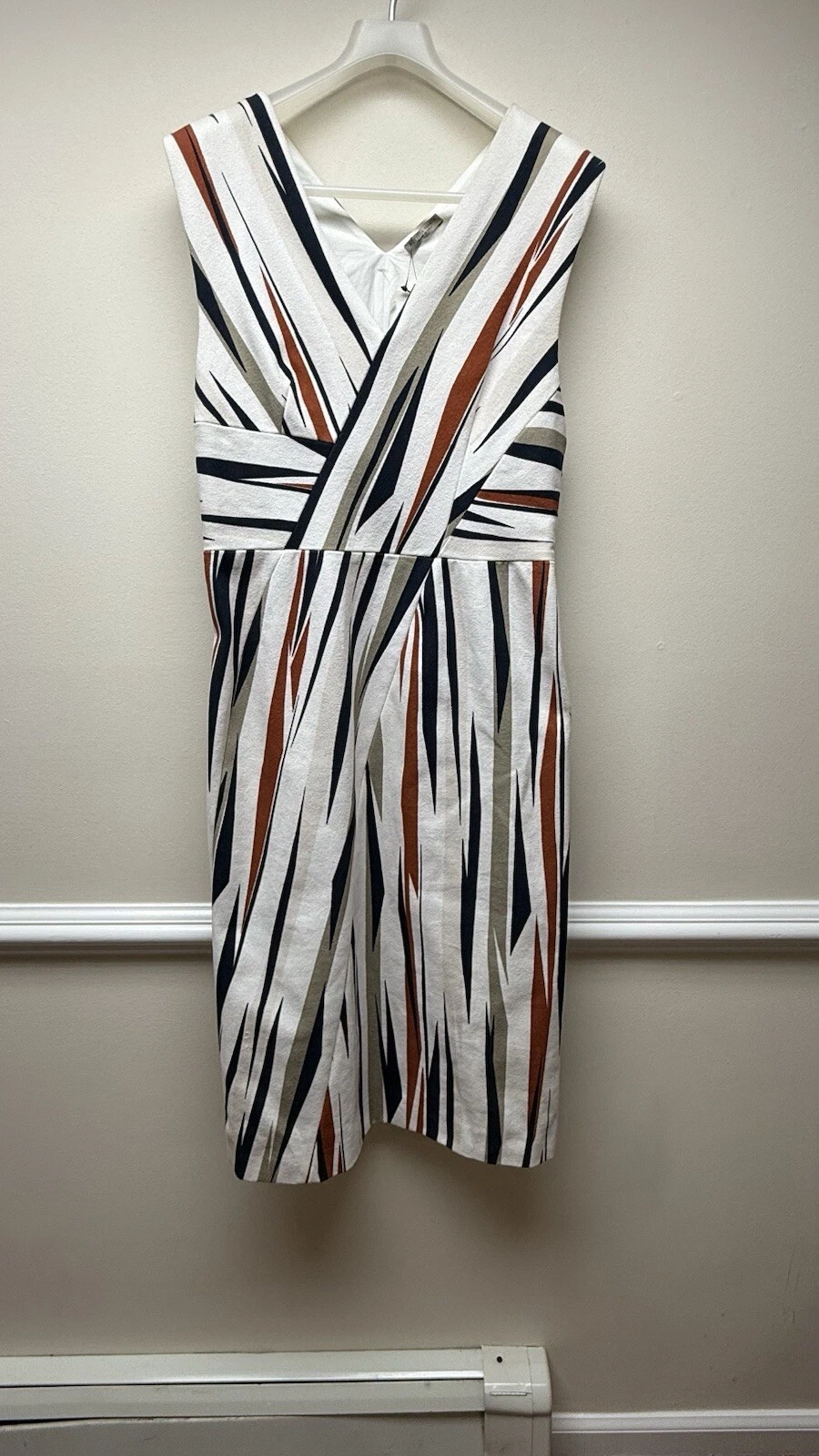 Abito midi Bottega Veneta arancione blu navy bianco lino senza maniche scollo a V 44 46 nuovo con etichette