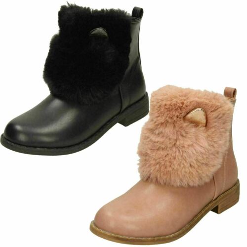 Girls Black Spot On Ankle Boots with Ears and Faux Fur UK Sizes 10 - 3 : H5R084 - Afbeelding 1 van 10