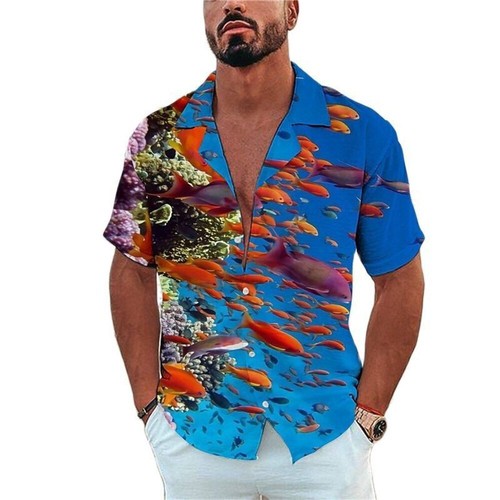 Mens Loose Fit Short Sleeve Shirt with Unique Marine Organism Print, Polyester F - Picture 58 of 93