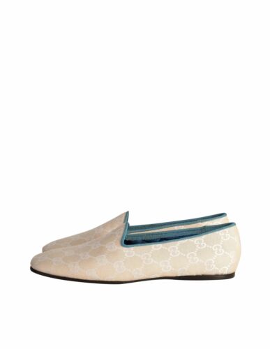 Gucci Vintage Creamy Beige GG Logo Monogram Canvas Fabric Turquoise Trim Slipper - Afbeelding 1 van 11