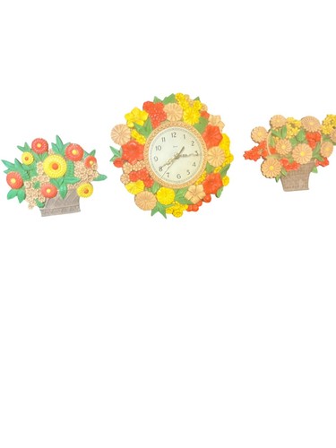 Vintage 1975 Syroco USA Floral Wanduhr (funktioniert) & Plaketten Ensemble 3tlg Set-ZZ