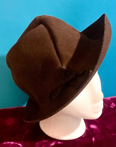 Vtg Mr. JOHN Classic Cocoa 100% WOOL Mouchoir Mélange FELT Brimmed HAT EUC Bows - Picture 4 of 22