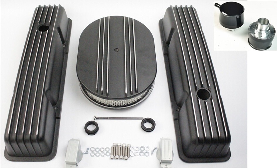 5886 SBC Chevy Aluminum Tall Retro Valve Covers 15"Air Cleaner PCV