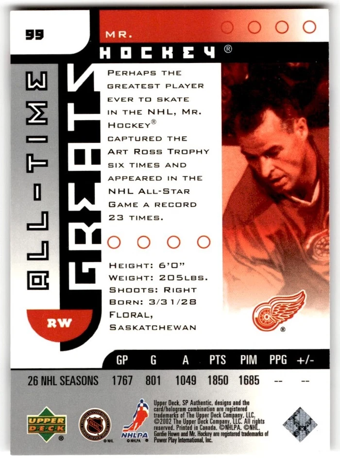 2001-02 SP Authentic All-Time Greats Gordie Howe /3500 #99 Detroit Red Wings - Image 2 of 2