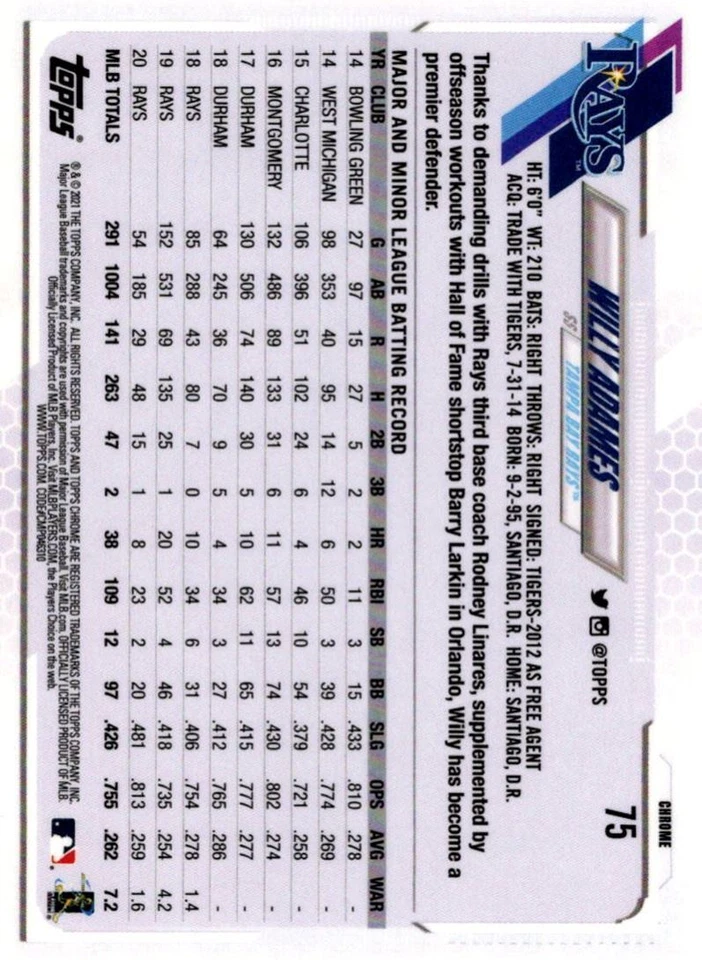 2020 Topps Total Willy Adames Tampa Bay Rays #6 - Image 2 of 2