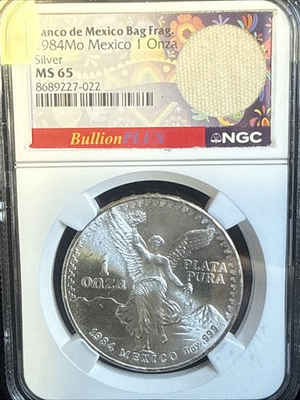 #ad Mexico 1984 Mo 1 Onza Silver. NGC Certified MS 65 1 Troy Oz .999 W Bag Frag $215.00