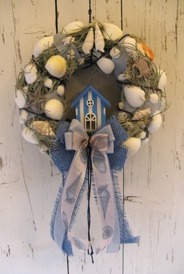 TÜRKRANZ MIT STRANDHAUS UND MUSCHELN MUSCHELKRANZ MARITIM 25 CM SOMMER NATUR